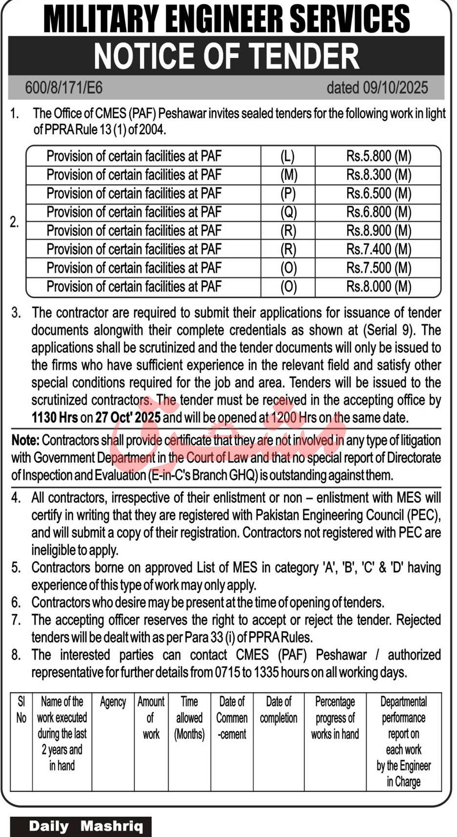 Military Engineering Service Tender Notice
